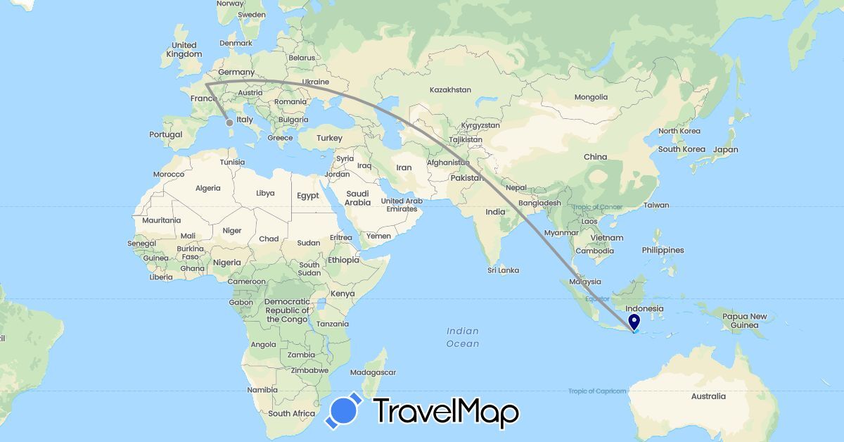 TravelMap itinerary: driving, plane, boat, electric vehicle in France, Indonesia, Singapore (Asia, Europe)